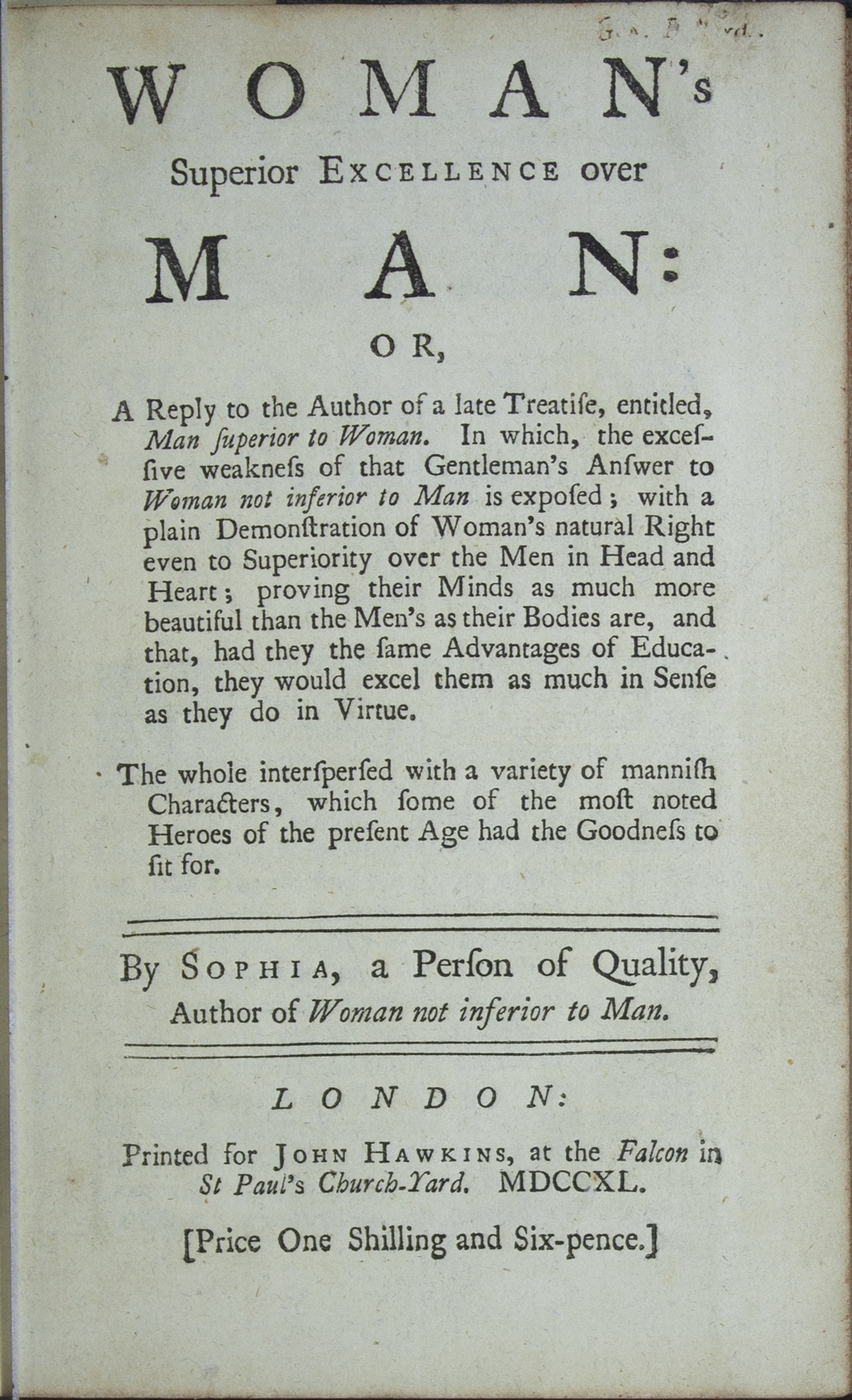 Title page of Woman' Superior Excellence over Man